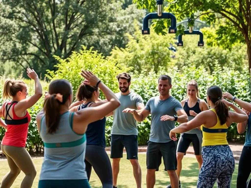 An inspiring image of community members participating in a group fitness class outdoors, emphasizing health and wellness.
