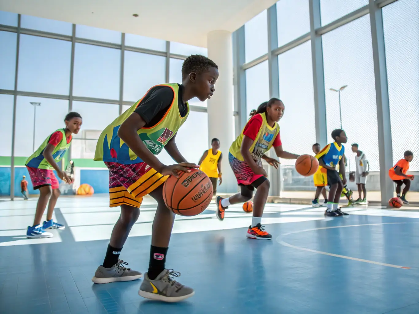 A vibrant image of children participating in a basketball training session, showcasing teamwork and skill development.