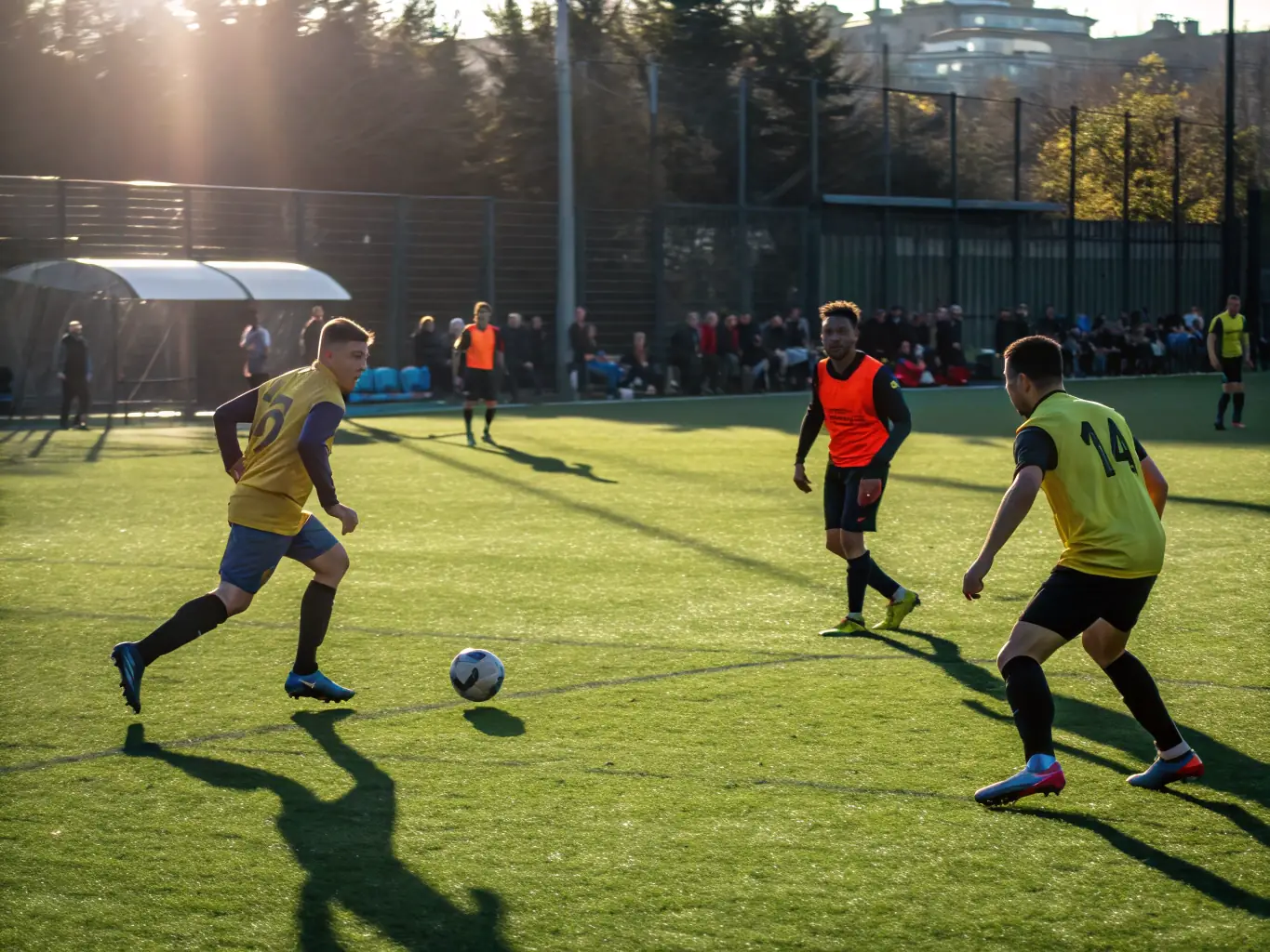 A dynamic image of adults participating in a soccer match, highlighting the competitive and social aspects of the sport.
