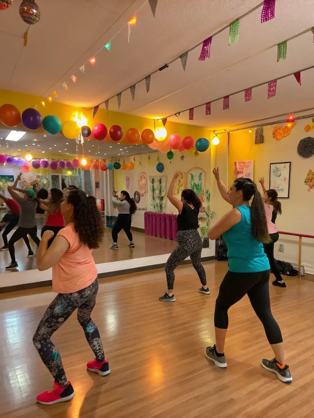 A diverse group of adults engaged in a Zumba class in a community hall, with an instructor leading the energetic dance routine.