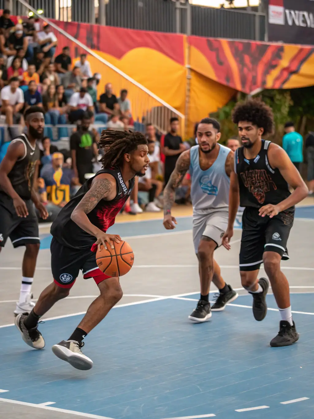 Participants in a basketball game at the local ASMSTM sports club, showcasing teamwork and athletic skills.
