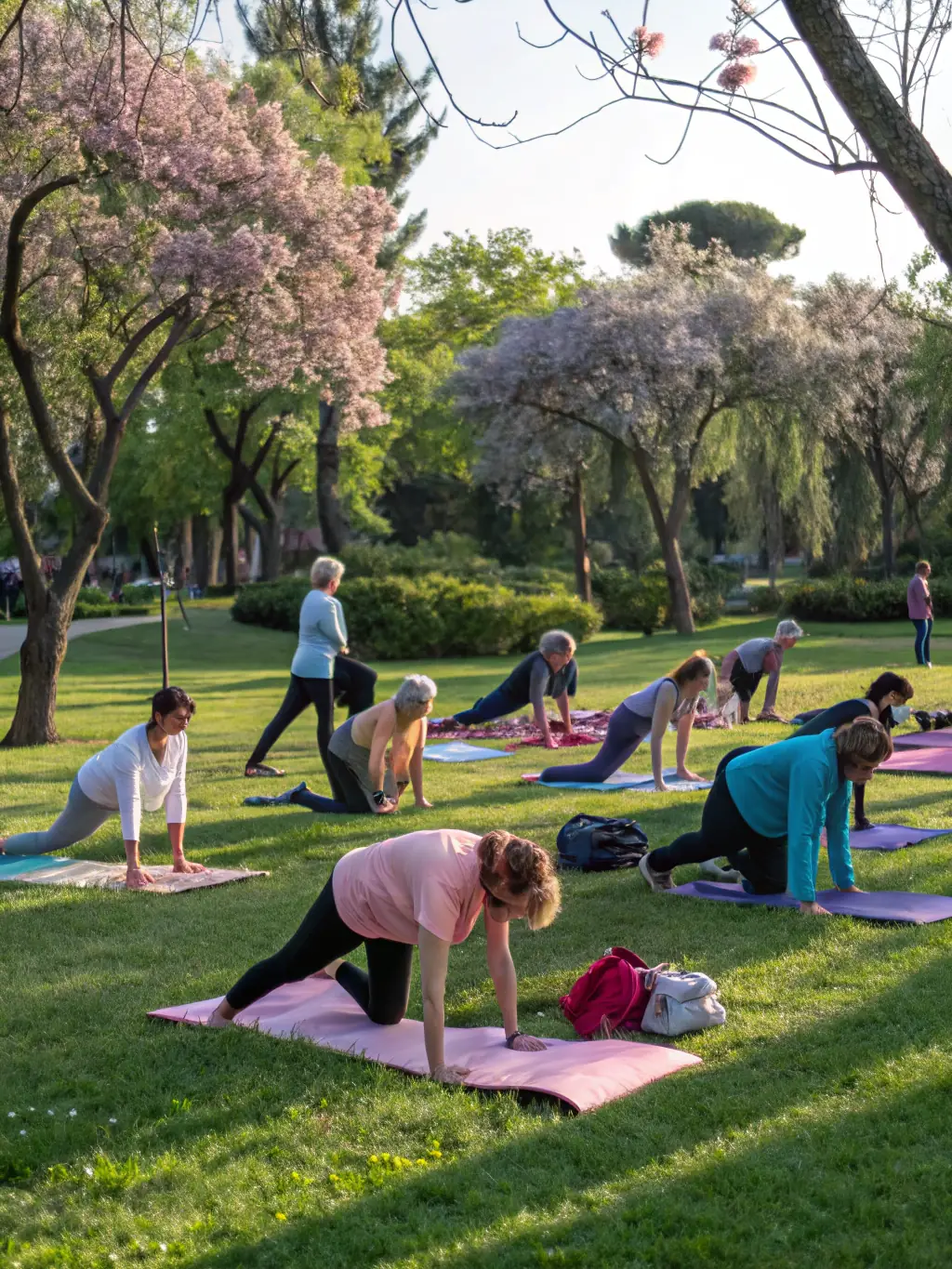 A group of seniors participating in a gentle yoga session in a park, guided by an instructor, promoting flexibility and relaxation.