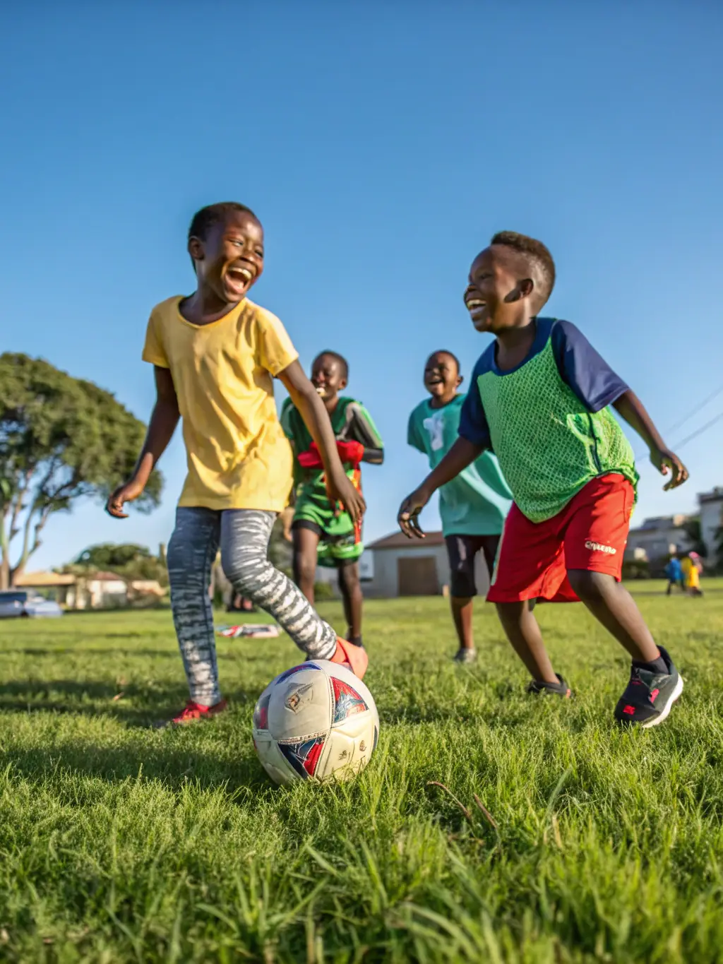 A group of children participating in a soccer training session on a sunny field, wearing ASMSTM jerseys, with a coach providing instruction.